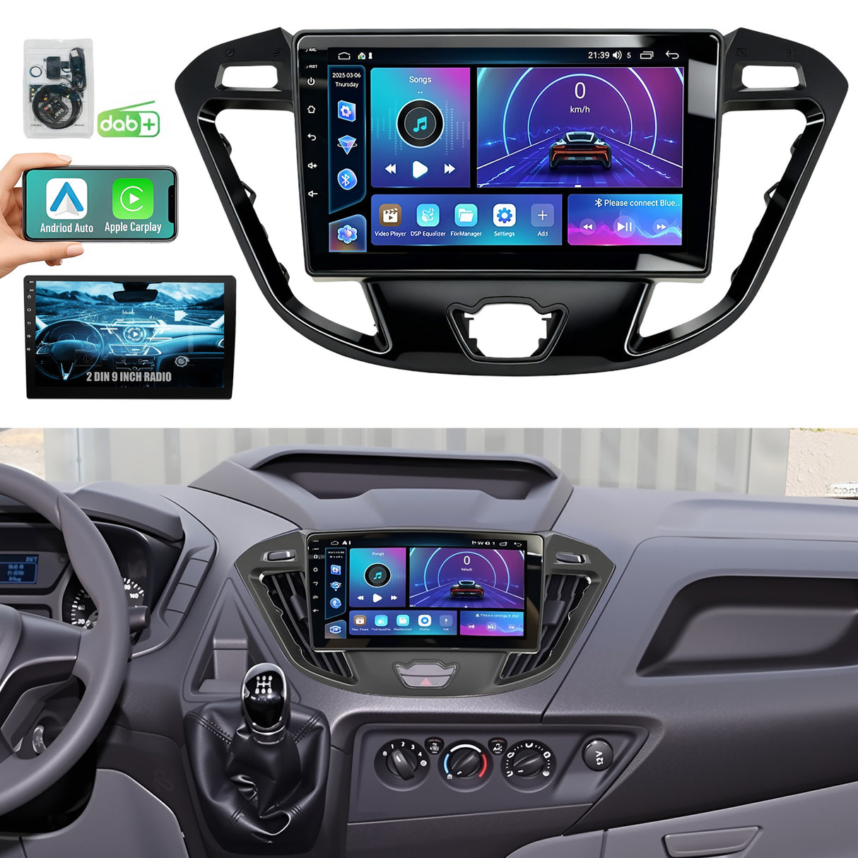 9'' Apple Carplay Android 14 DAB+ Radio Stereo 2+32G — Ford Transit Custom 2012-2021