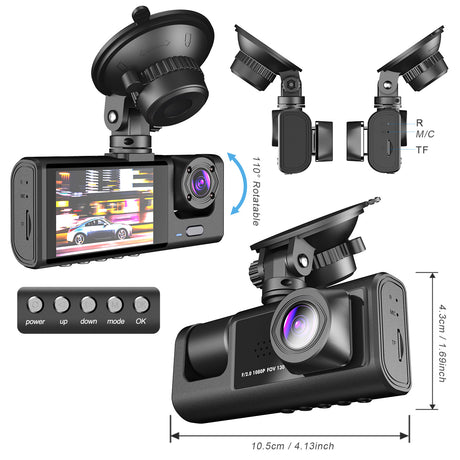 4" Triple Lens 1080P Dash Cam with Front & Rear Camera Size