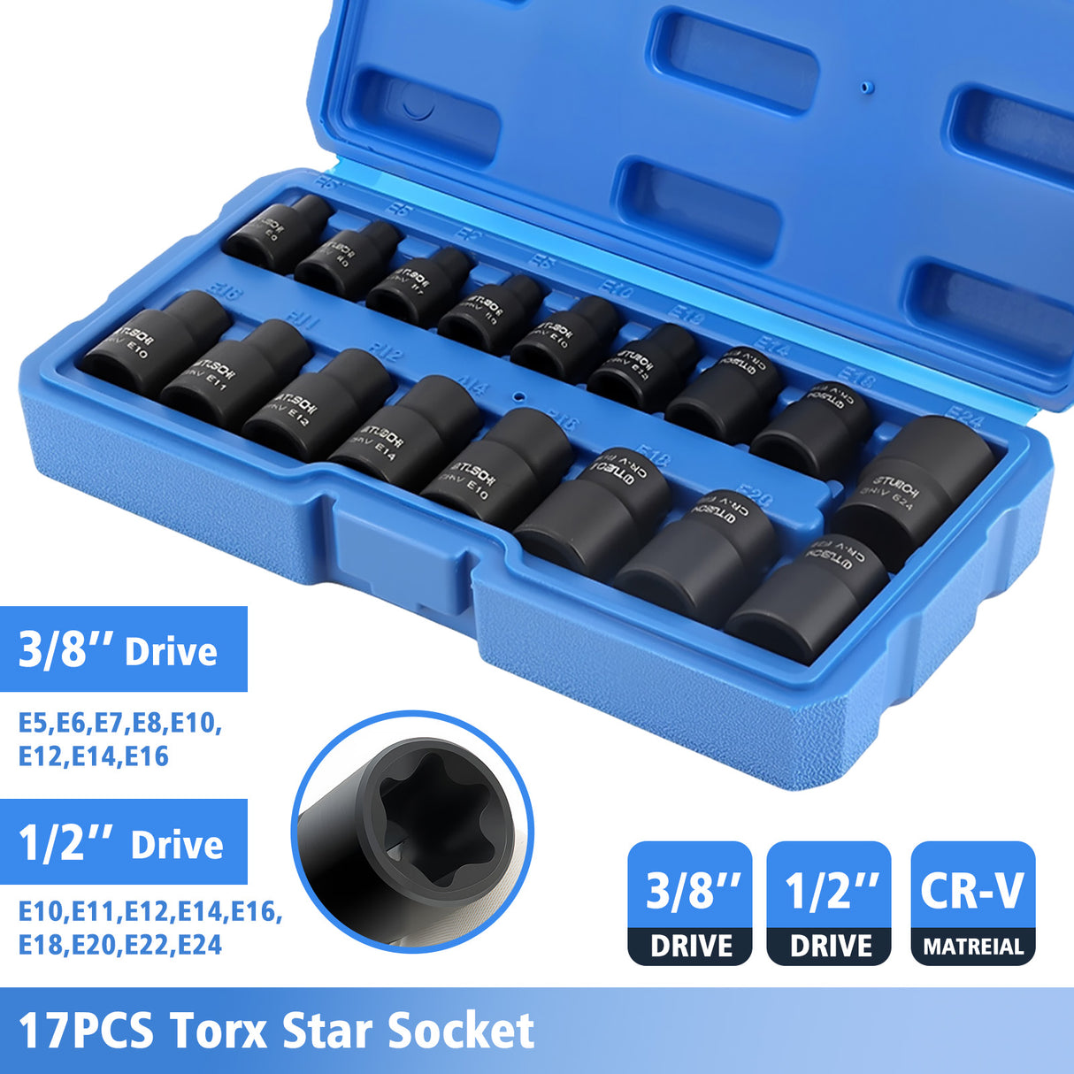 17pcs Impact E Torx Female Sockets Set — E5-E24 3/8'' & 1/2'' Drive