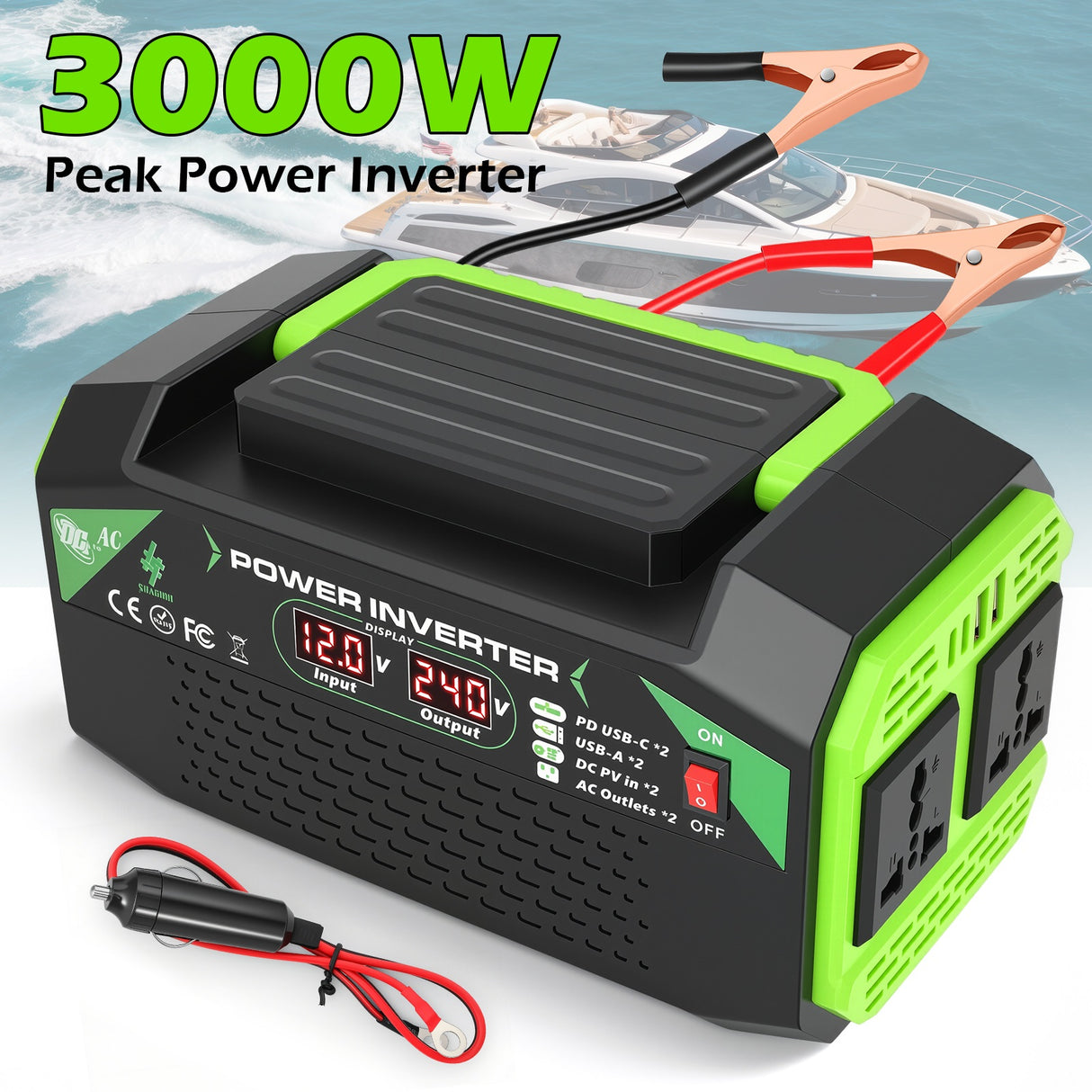 12V to 220V Car Power Inverter with 2 AC & USB Ports