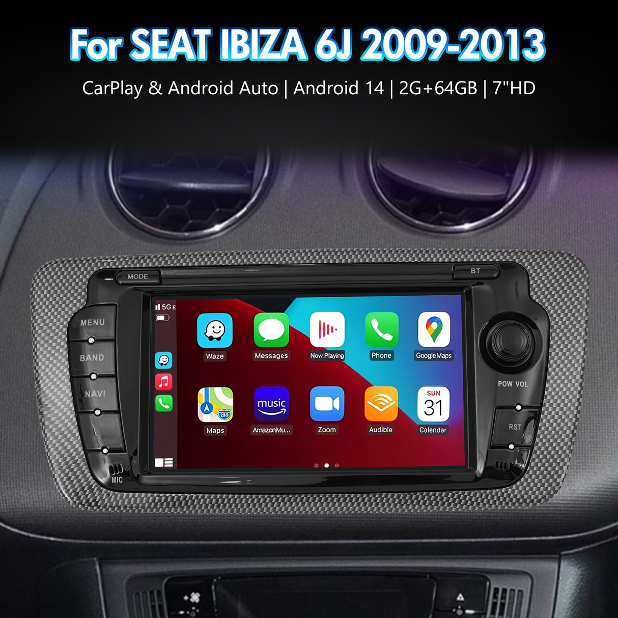 7'' Apple Carplay Android 14 Radio Stereo 2+64G — SEAT IBIZA 6J 2009-2013