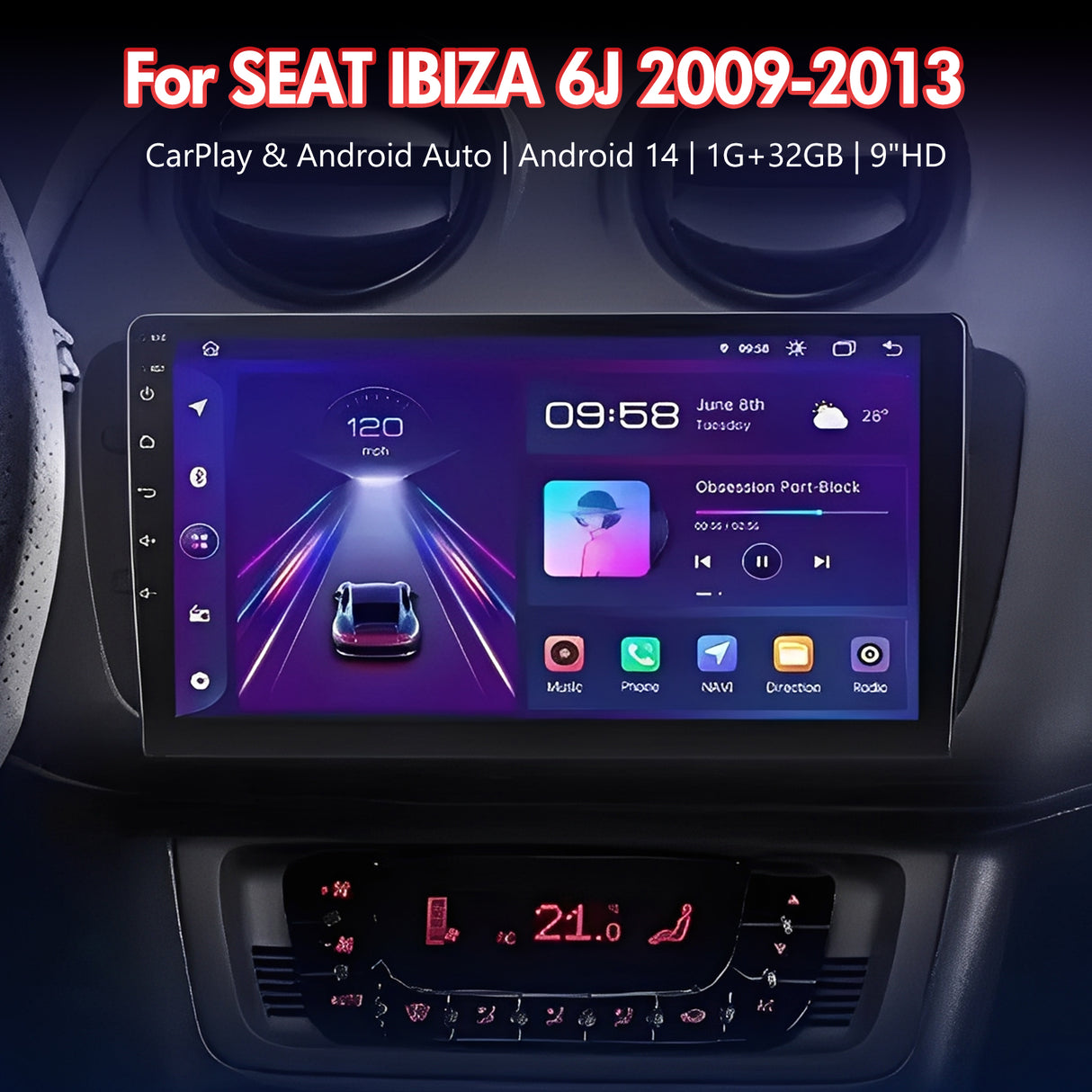 9'' Apple Carplay Android 14 Radio Stereo 1+32GB — SEAT IBIZA 6J 2009-2013