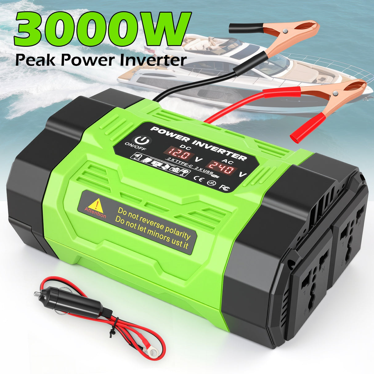 12V to 220V Car Power Inverter with 2 AC & 2 USB-A