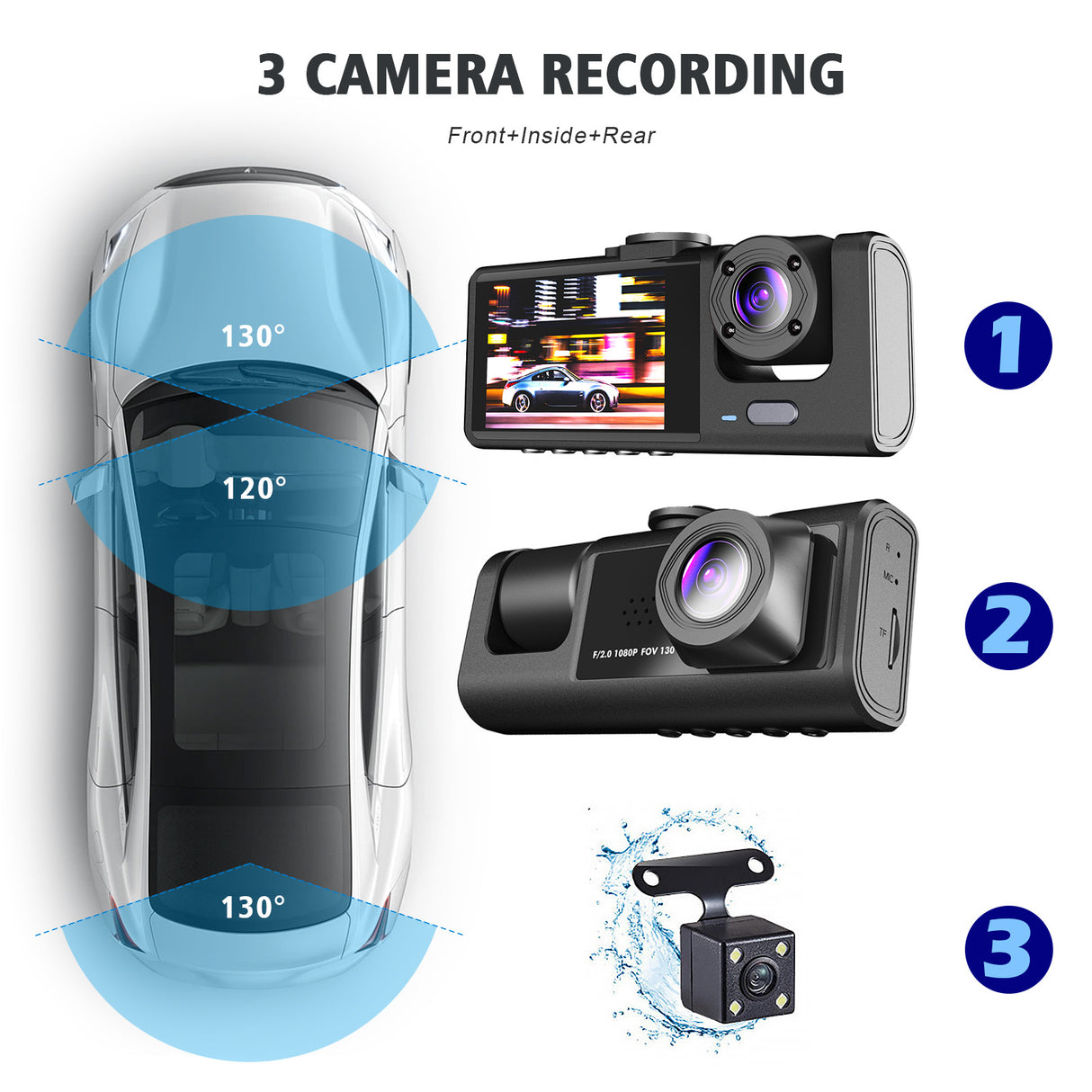 2" Triple Lens 1080P Dash Cam Complete Kit with Front & Rear Camera