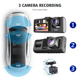 2" Triple Lens 1080P Dash Cam Complete Kit with Front & Rear Camera