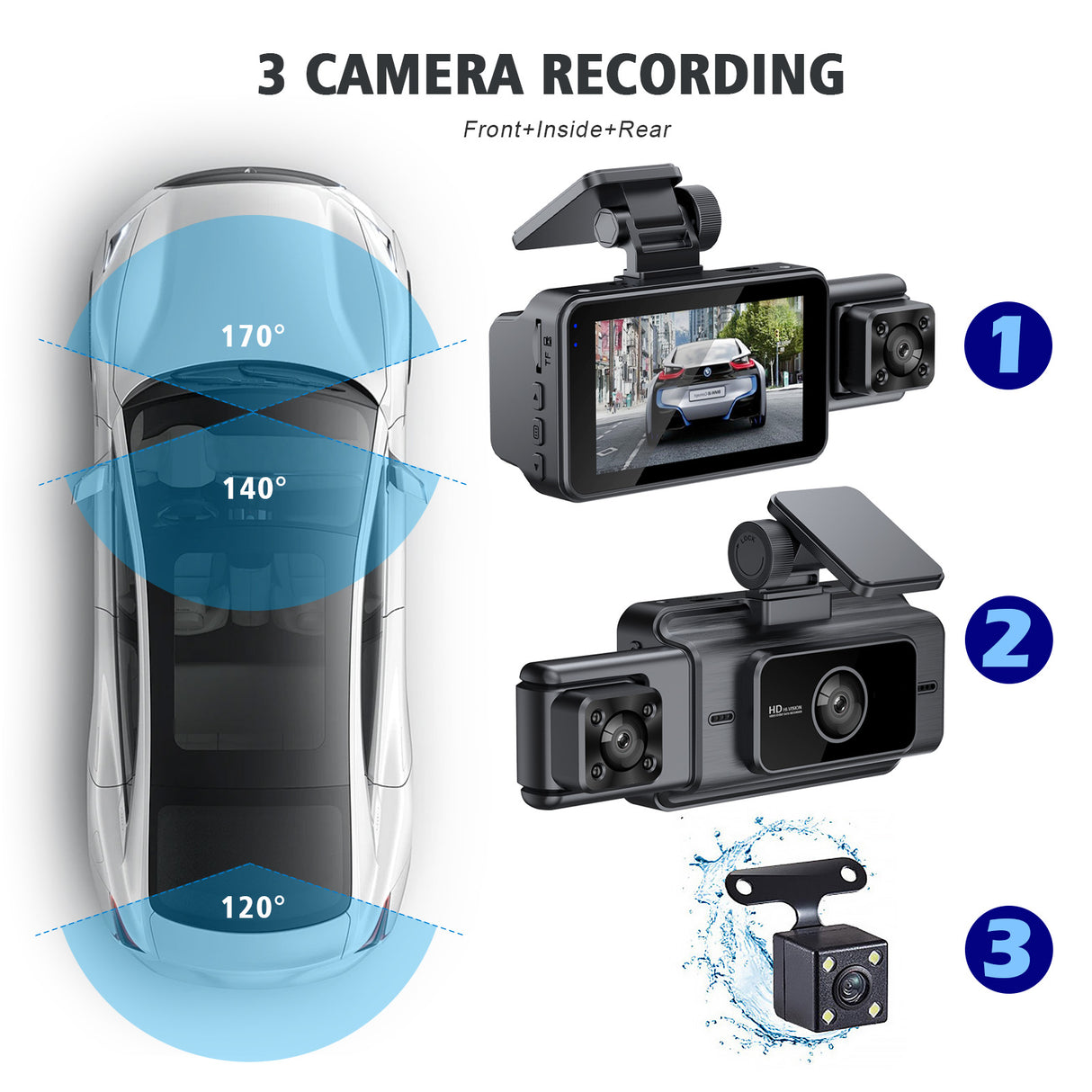 3" Teiple Lens 1080P WiFi Dash Cam Kit with Front & Rear Camera