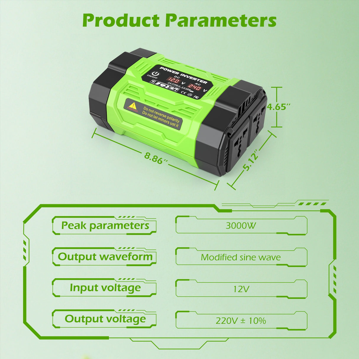 12V to 220V Car Power Inverter with 2 AC & 2 USB-A