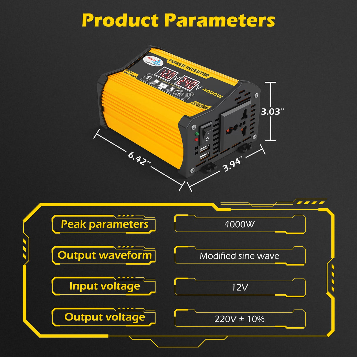 4000W 12V to 220V Car Power Inverter with 1 AC & 2 USB-A