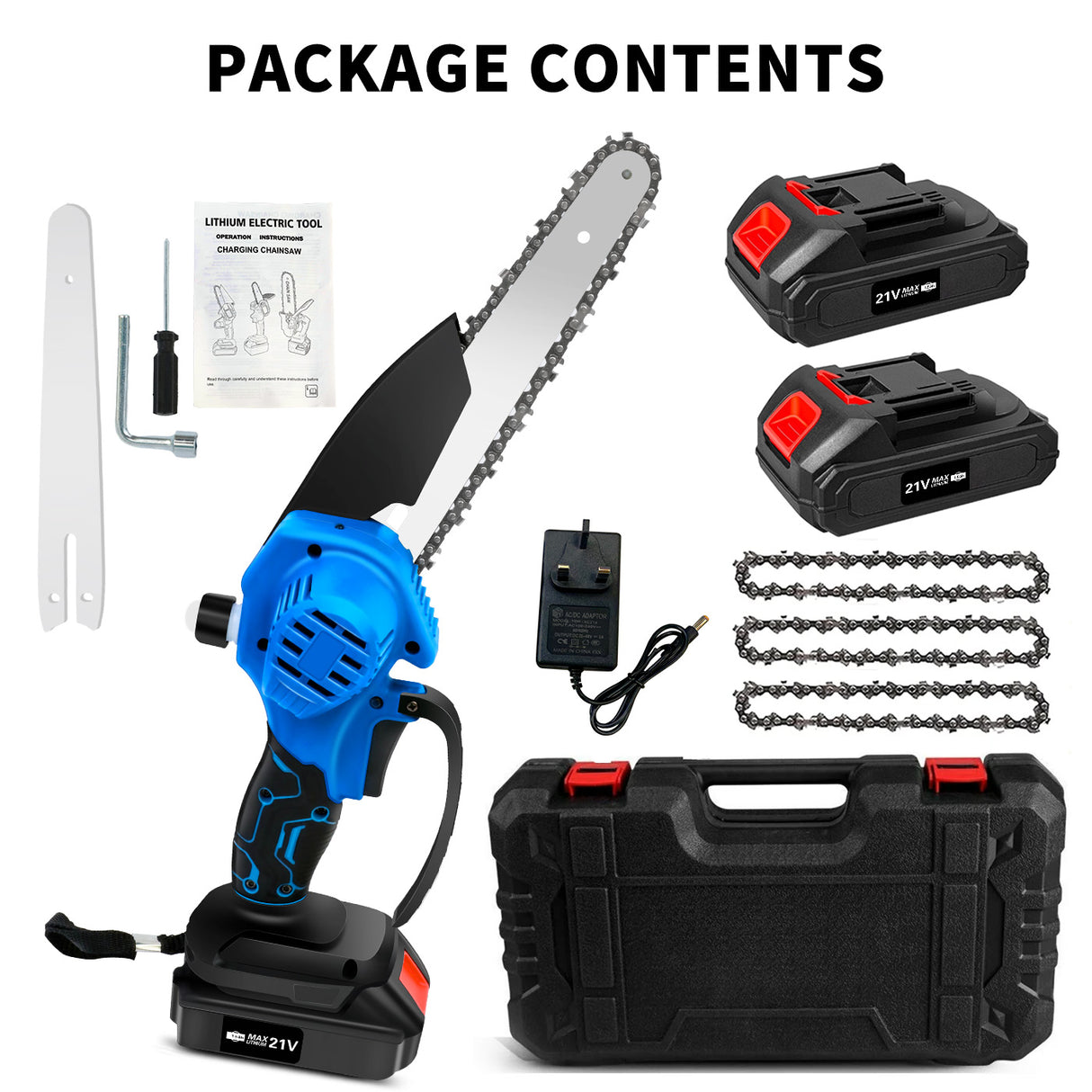 21V Cordless Handheld 3-Chain Chainsaw Kit with Batteries & Charger