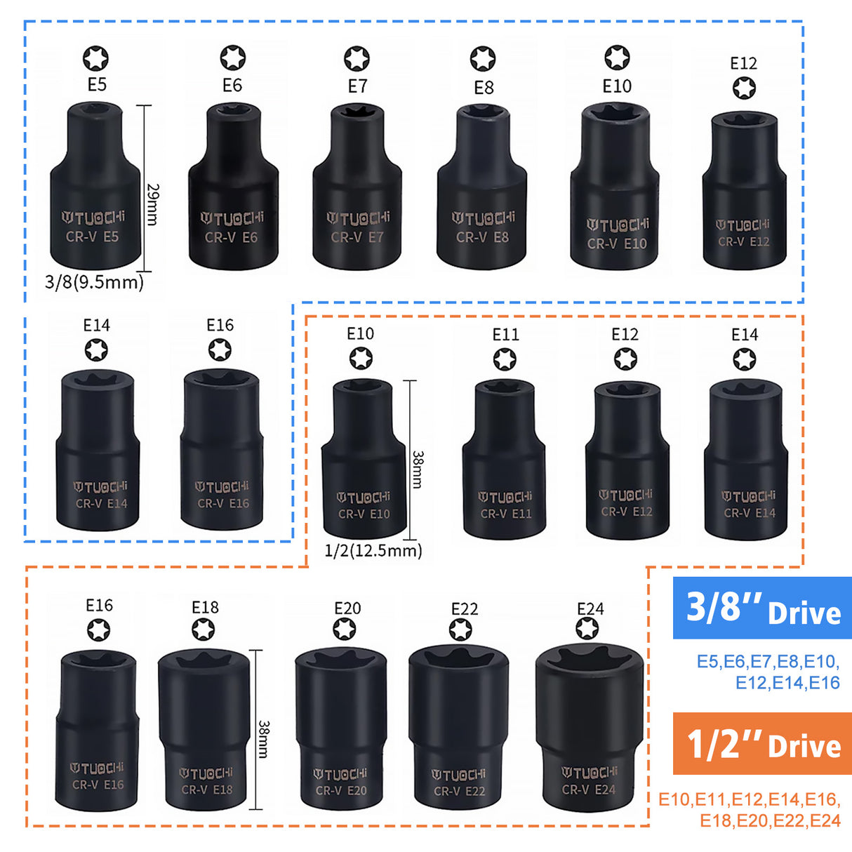 17pcs Impact E Torx Female Sockets Set — E5-E24 3/8'' & 1/2'' Drive