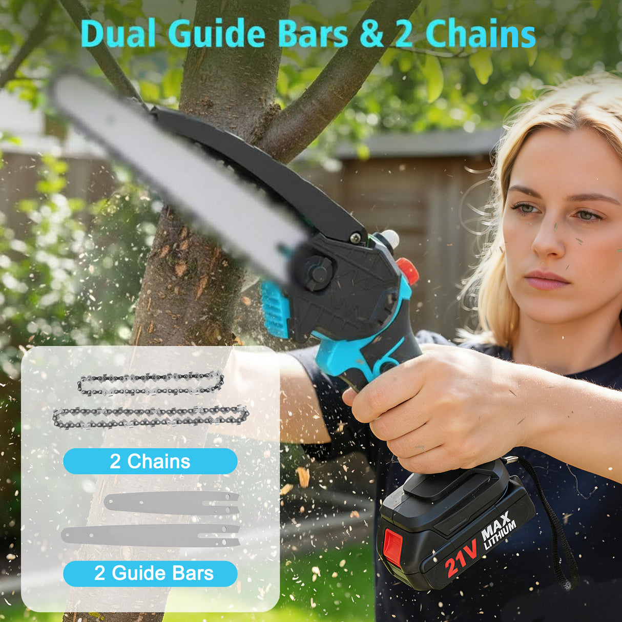 21V 6+8 Inch Cordless Mini Chainsaw with Batteries & Charger