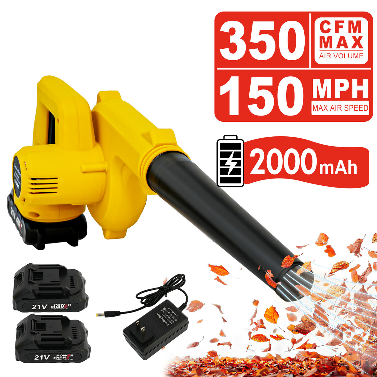 21V Cordless Leaf Blower with Batteries & Charger